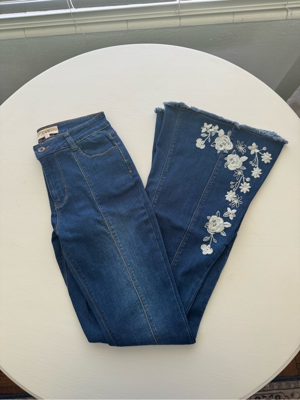 Chelsea & Violet Dark Blue Flare Jeans with White Floral Embroidery